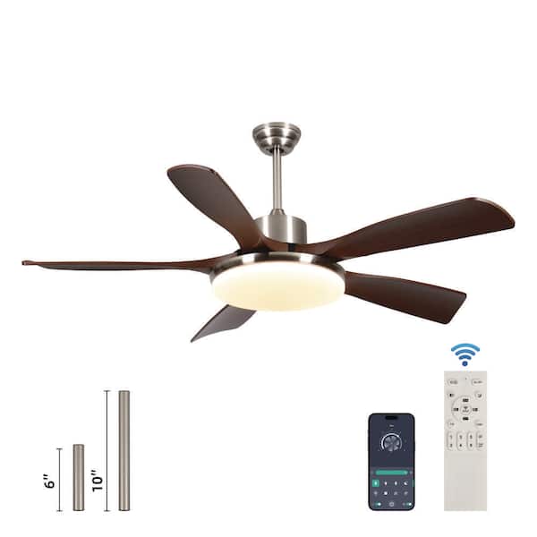 Unbranded 52 in. Smart Indoor 5 Blades Brushed Nickel Ceiling Fan with Light Dimmable LED and APP/Remote Included