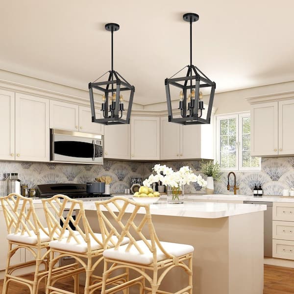 Dewenwils 4-Light Wooden Gray Chandelier for Dining Room, Kitchen Island, Hallway and Foyer with no bulbs included