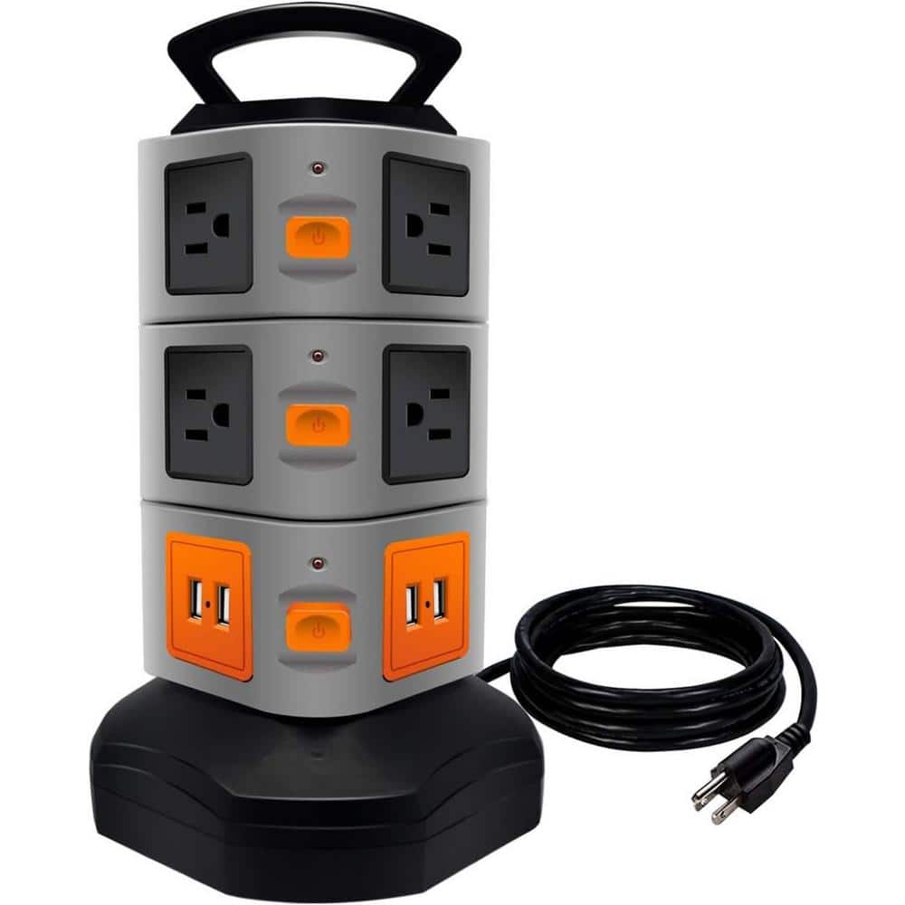 10-Outlet Power Strip Tower Surge Protector with 4 USB and Port6 ft. Heavy 