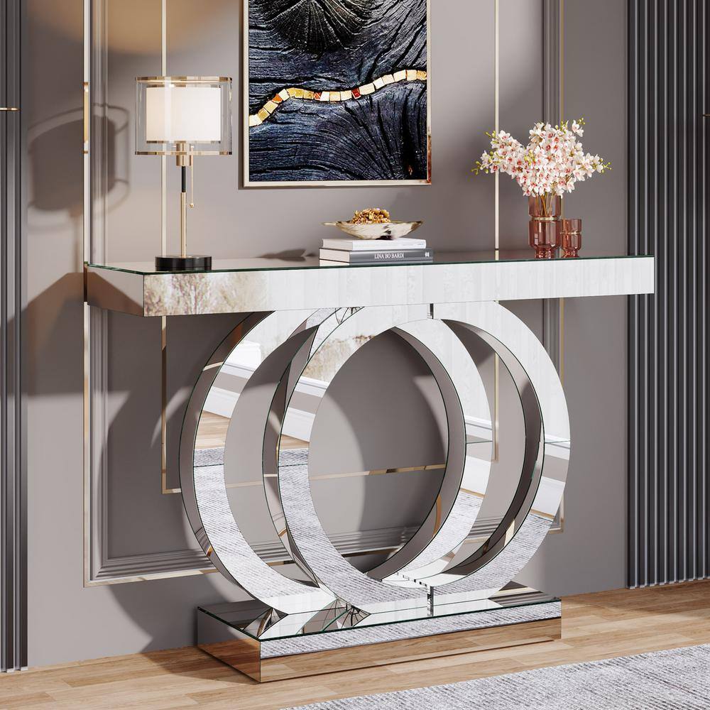 Silver Mirrored Glass Console Table with Crystal Inlays, 43-Inch