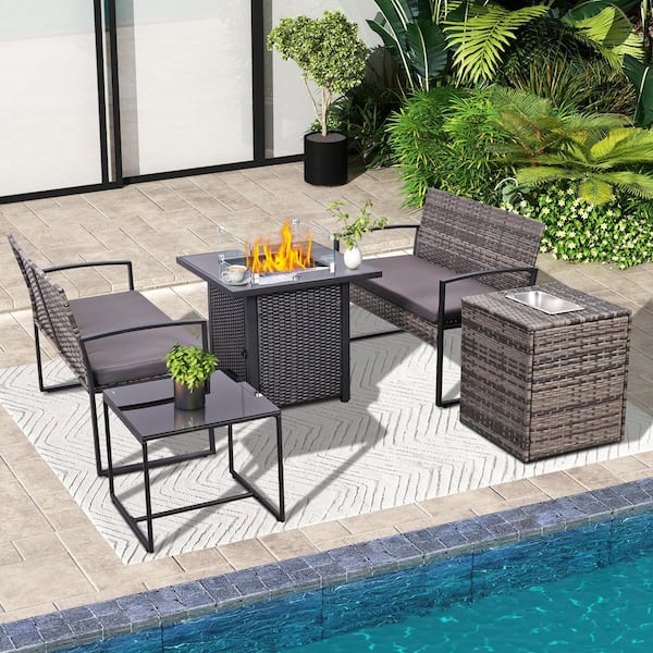 6-Pieces Wicker Outdoor Patio Sectional Conversation Seating Set with Gray Cushions