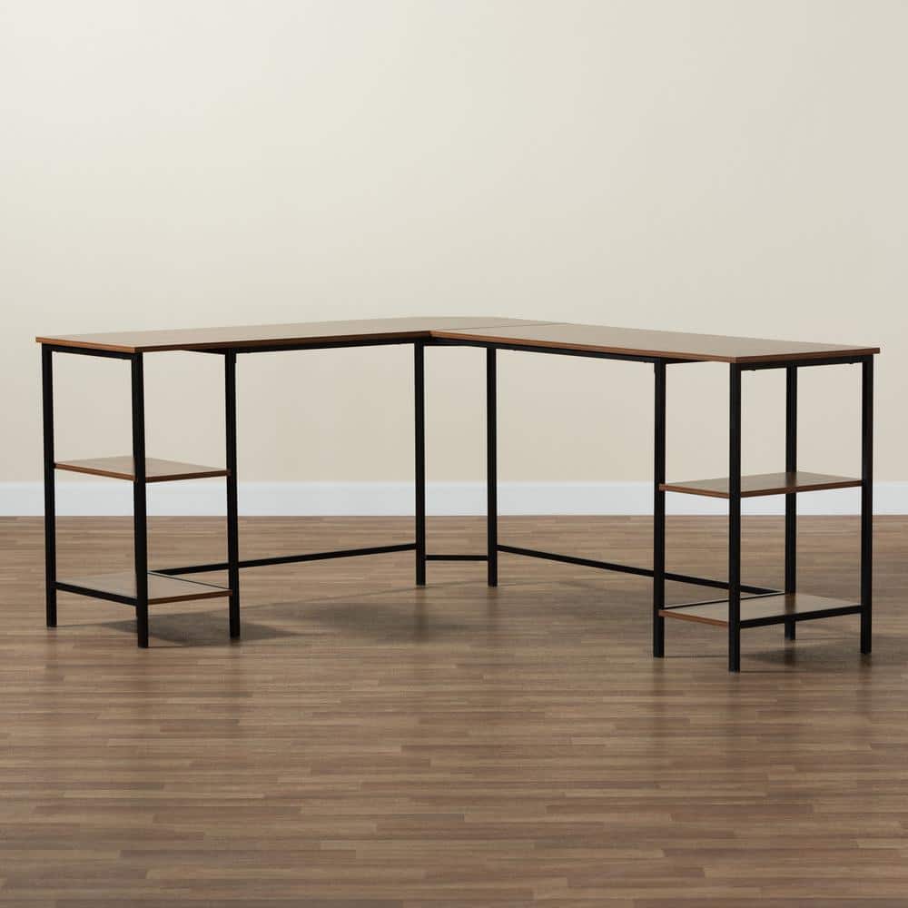 Lydia Modern Walnut Brown Wood L-Shaped Corner Desk with Metal Frame