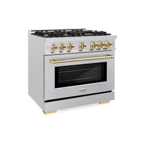 Autograph 36 in. Select Dual Fuel Range with 6 Burners and Convection Oven in Satin Steel with Polished Gold Accents