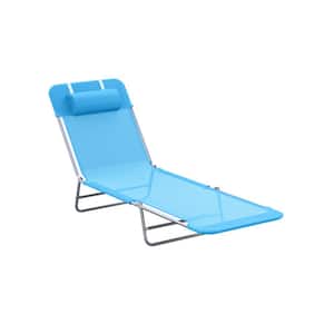 Outdoor Steel Folding Chaise Lounge with Pillow, Breathable Mesh Seat and Adjustable Reclining Back in Blue
