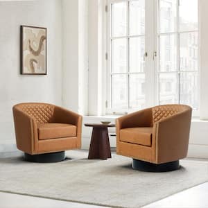 Mid-Century Coffee PU Leather 360° Swivel Accent Arm Chair with Nailhead Trim (Set of 2)