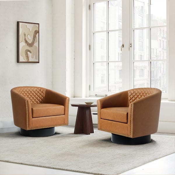 Uixe Mid-Century Coffee PU Leather 360° Swivel Accent Arm Chair with Nailhead Trim (Set of 2)