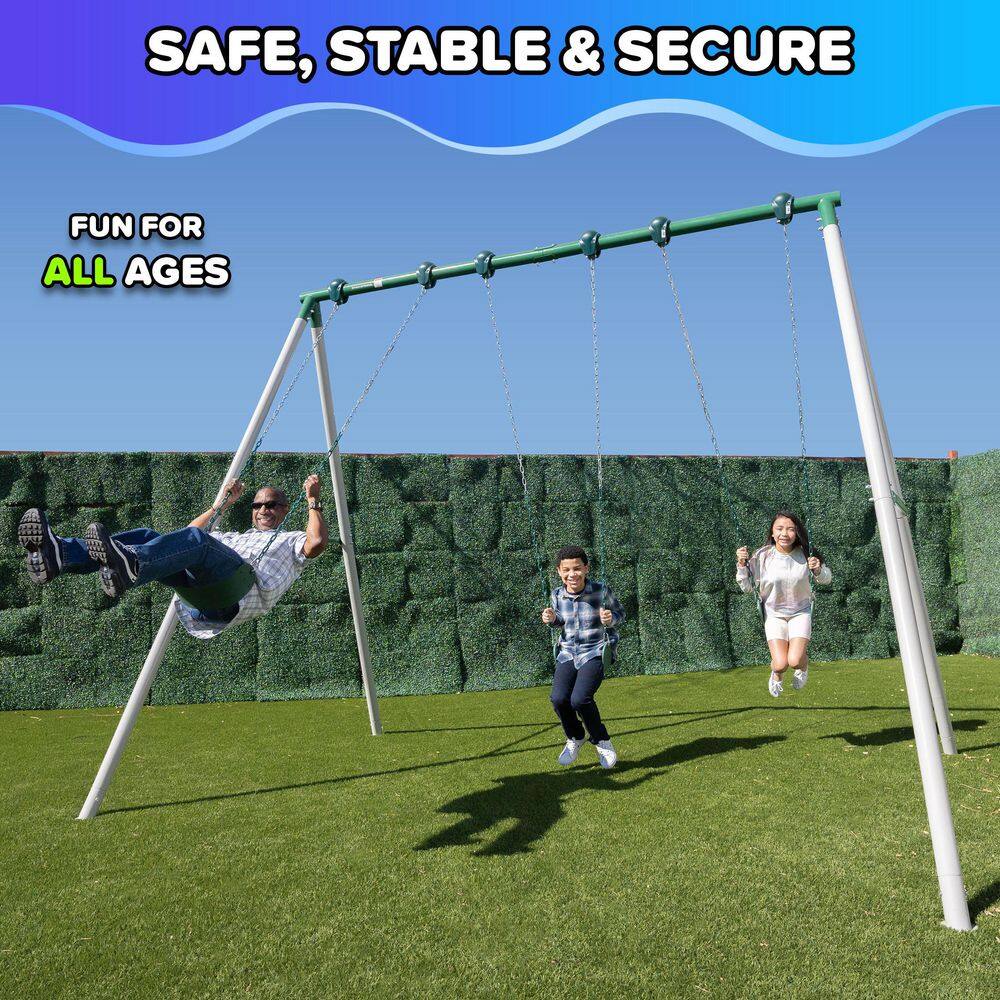 Everest 10ft White Metal Swing Set with 3 Adjustable Swings