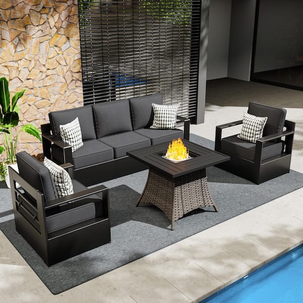 4-Piece Fire Pit Patio Set Aluminum Outdoor Patio Conversation Set with Sofa, Lounge Chairs and Thick Gray Cushions