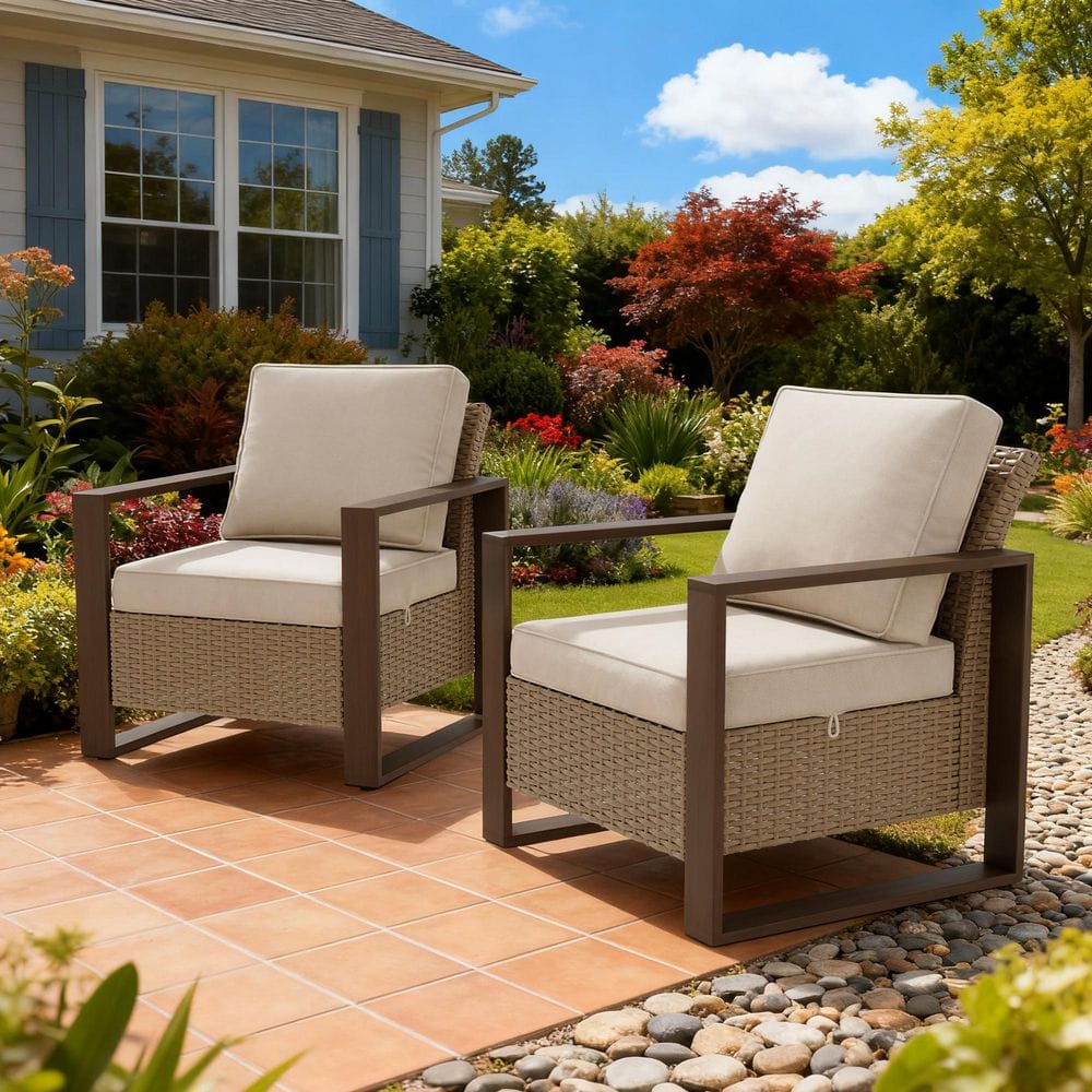 2-Piece Patio Wicker Lounge Chair Set with Powder-Coated Steel Frame, Beige Cushions and Ergonomic Armrests price history on PriceWatchPro