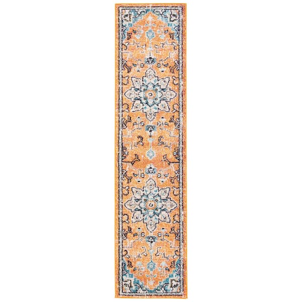 Madison Orange/Teal 2 ft. x 10 ft. Border Geometric Floral Medallion Runner Rug