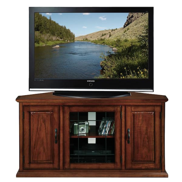 Leick Home Riley Holliday 46 in. W Burnished Oak/Leaded Glass 3-Door Corner TV Stand with Enclosed Storage Hold's TV's up to 50 in.