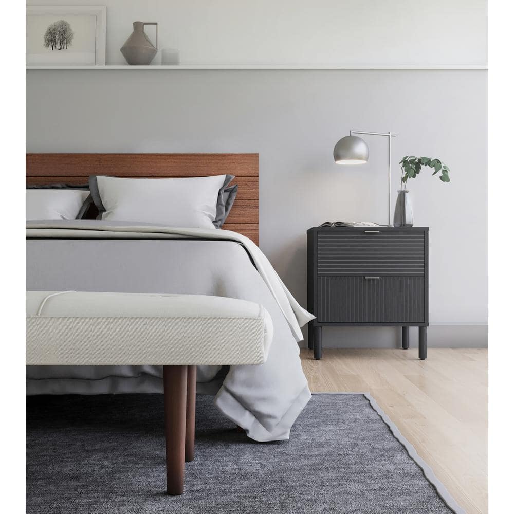 Sango Merk Sleek Black 2-Drawer Nightstand with Groove Detail