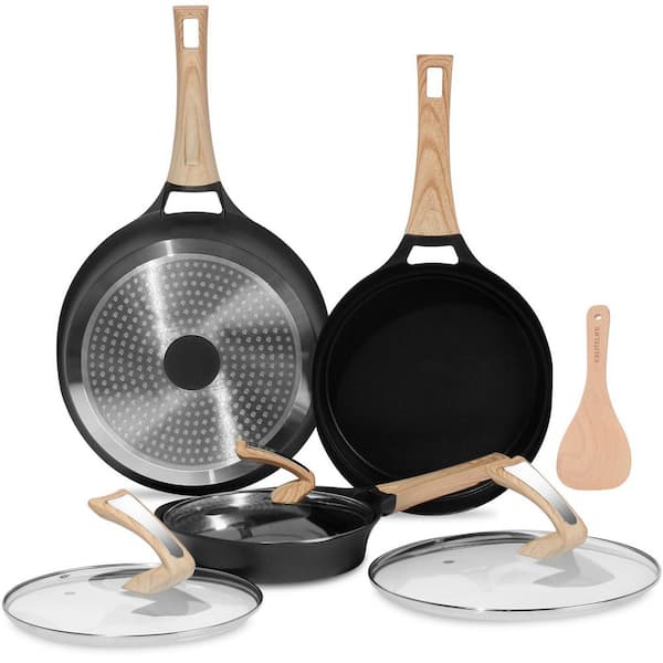 11 in Kitchen Tools Nonstick Deep Saute Pan Set Black Granite Coating Aluminum Induction Compatible Cookware with Lid