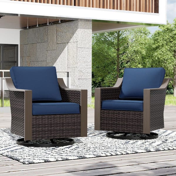2-Piece Brown Wicker Outdoor Rocking Chair Patio Swivel Chair Set with Blue Cushion