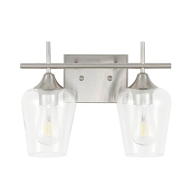 13.9 in. 2-Light Brushed Nickel Bathroom Vanity Light with Clear Glass Shades