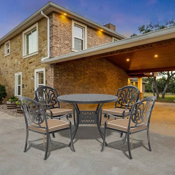 Willit 39.37 in. Elizabeth Black 5-Piece Cast Aluminum Outdoor Dining Set with Round Table and Random Color Seat Cushions