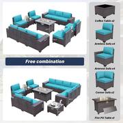 13-Piece Wicker Patio Conversation Set with 55000 BTU Gas Fire Pit Table and Glass Coffee Table and Cushions Blue