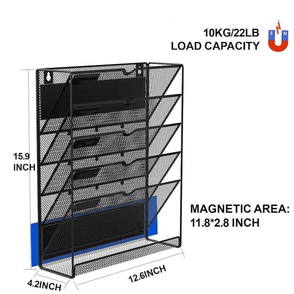12.6 in. x 4.2 in. 6-Tier Black Metal Wall Magnetic File Holder