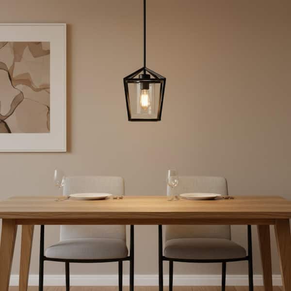 1-Light Matte Black Modern Farmhouse Cage Lantern Shaded Pendant Lighting with Clear Glass Shade for Dining Room