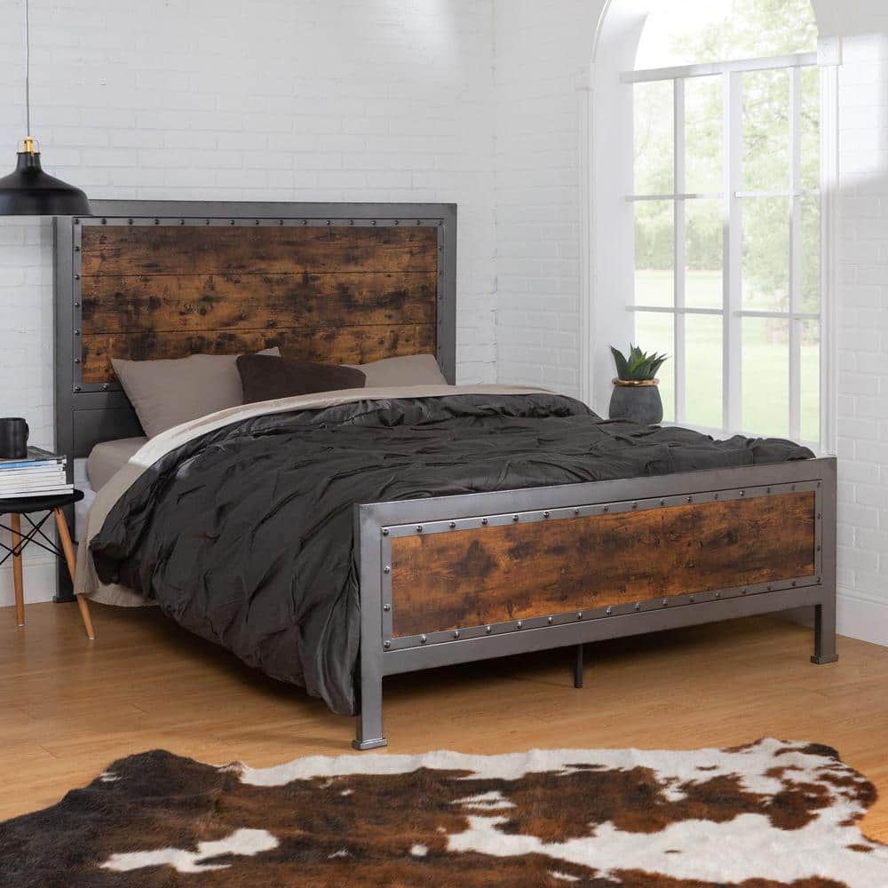 Rustic Industrial Queen Bed with Wood Headboard and Nailhead Trim