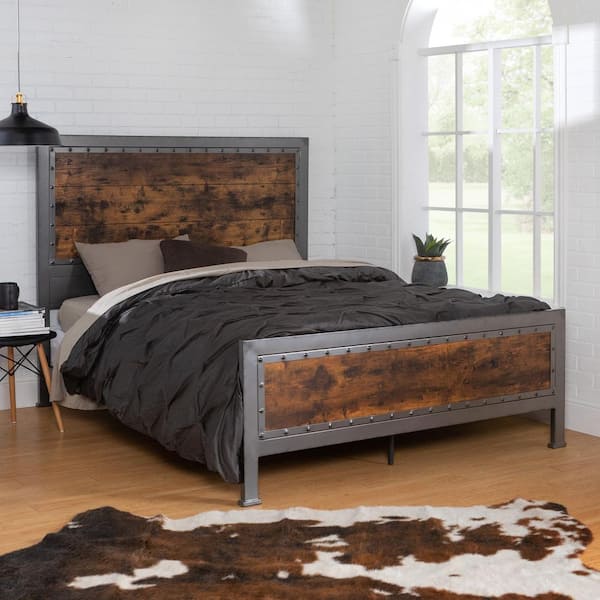 Rustic Home Rustic Brown Queen Size Metal Bed Frame with Wood Accents