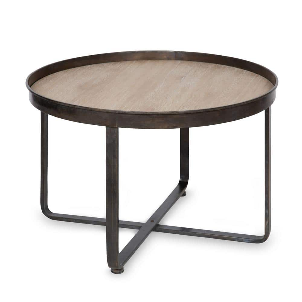 Kate and Laurel Zabel Modern Farmhouse Round Coffee Table with Black Wrought-Iron Criss Cross Base and White Oak Finished Wooden Insert