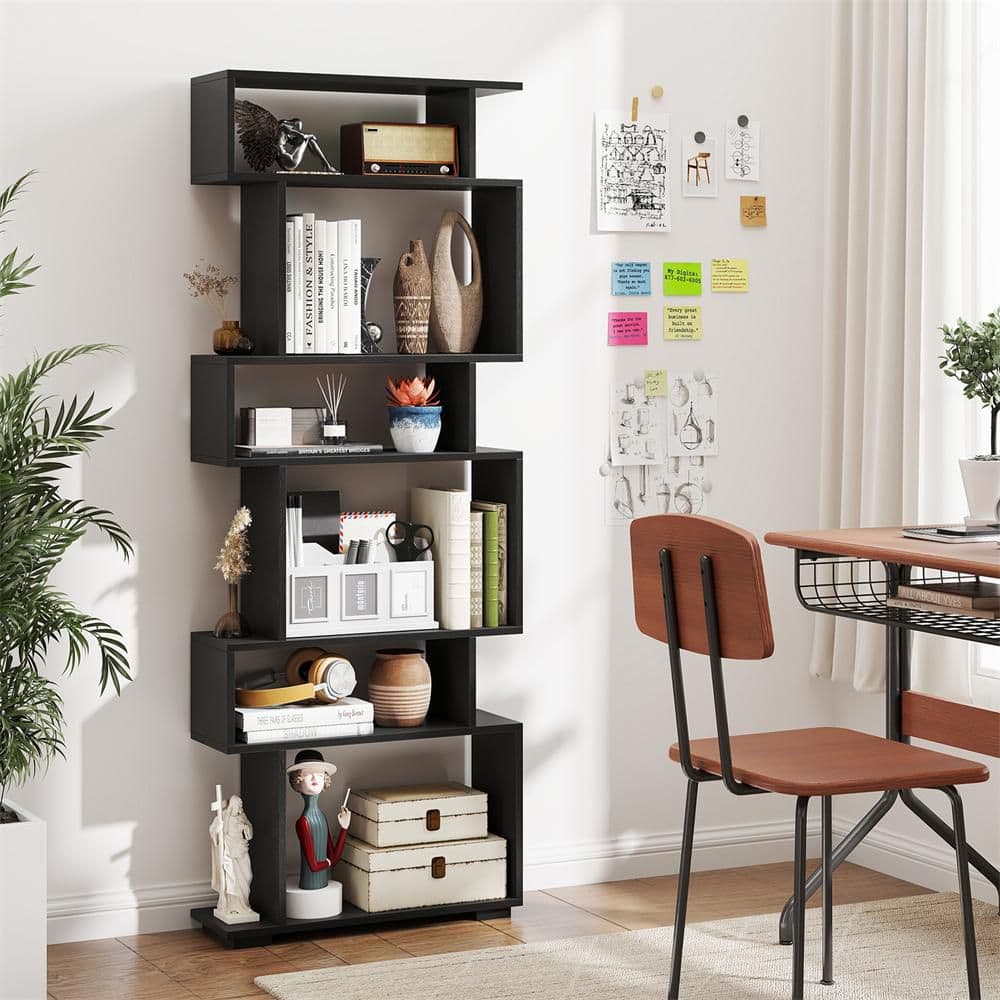 HONEY JOY 6-tier S-shaped Bookshelf 64 in. Tall Black Home Wood 2