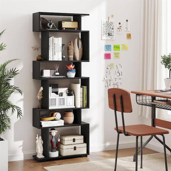 6-tier S-shaped Bookshelf 64 in. Tall Black Home Wood 2-Pieces Open-back Bookcase Organizer Free-standing Storage Shelf