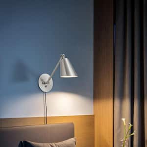 1- Light Brushed Nickel Dimmable 2-in-1 Hardwired and Plug-in Swing Arm Wall Lamp with 72 in. Cord for Bedroom and Foyer