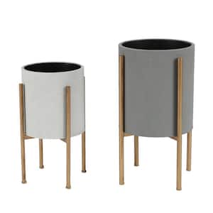 Gray Round Iron Planters and Gold Stand (2-Piece)