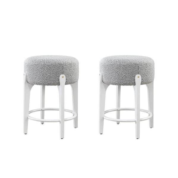 LuXeo Ellie 24 in. White Backless Wood Counter Stools with Gray Boucle Fabric Seat (Set of 2)