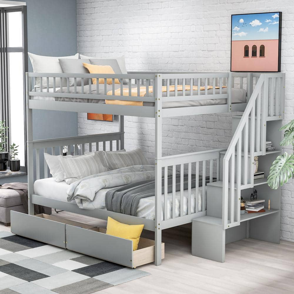 Harper & Bright Designs Gray Full over Full Bunk Bed with 2Drawers and