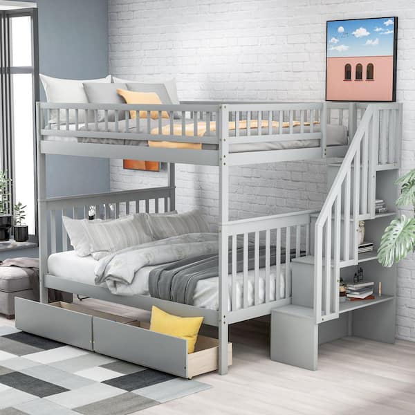 Harper & Bright Designs Gray Full over Full Bunk Bed with 2-Drawers and Storage Shelves
