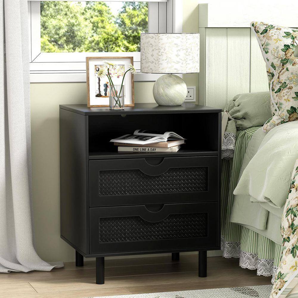 Aupodin Rattan Black 2-Drawers and Open Shelf 19.69 in. W with