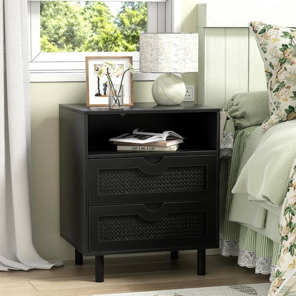 Aupodin Rattan Black 2-Drawers and Open Shelf 19.69 in. W with