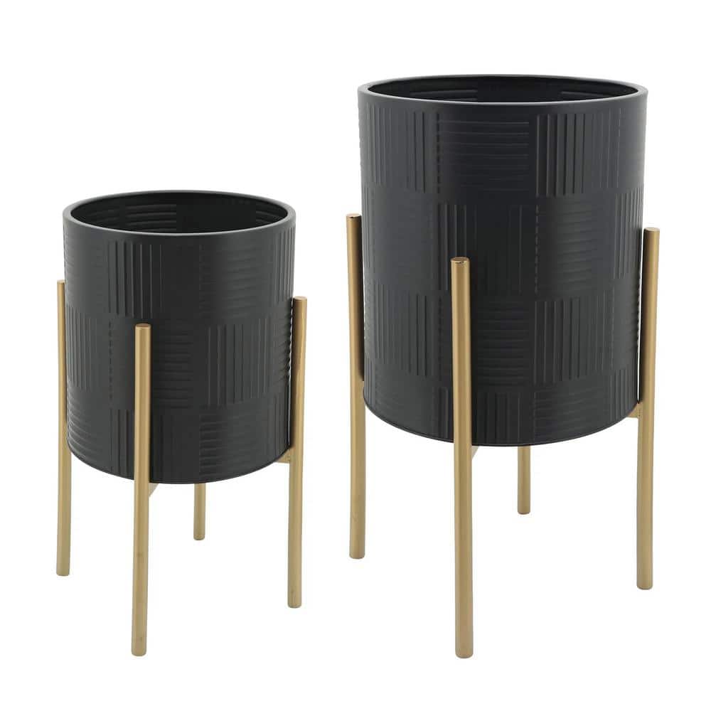 Iron S/2 Planters w/ Lines On Metal Stand, Black/Gold
