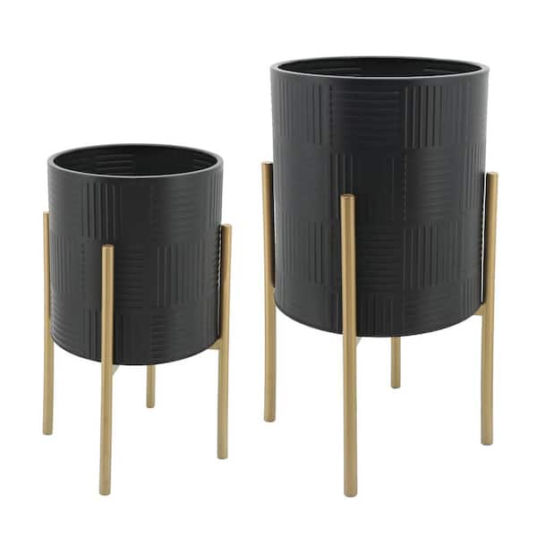 Cubilan Iron S/2 Planters w/ Lines On Metal Stand, Black/Gold