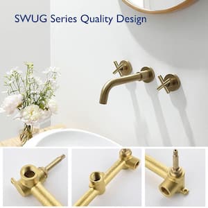 SWUG Double Handle Wall Mount Faucet with 360-Degrees Rotating Spout and Classic Cross Handle in Brushed Gold