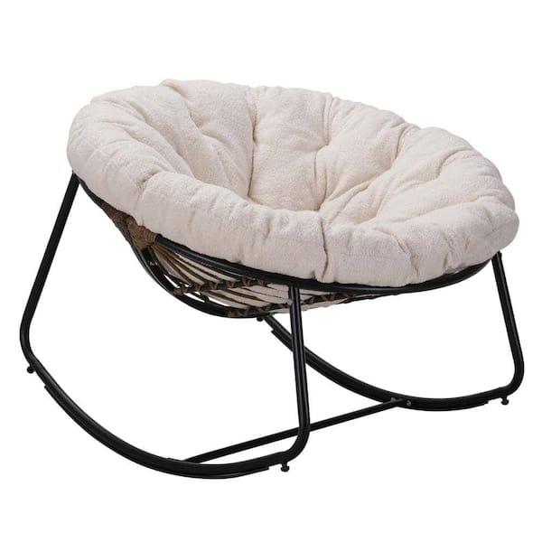 Unbranded Dark Gray Frame Metal Outdoor Rocking Chair, Patio Wicker Egg Chair, with Beige Cushion, for Backyard, Patio, Garden
