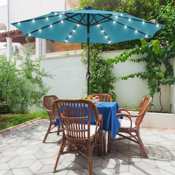 Sonkuki 9 ft. Round Solar LED Lighted Steel Market Patio Umbrella with Push Button Tilt in Lake Blue