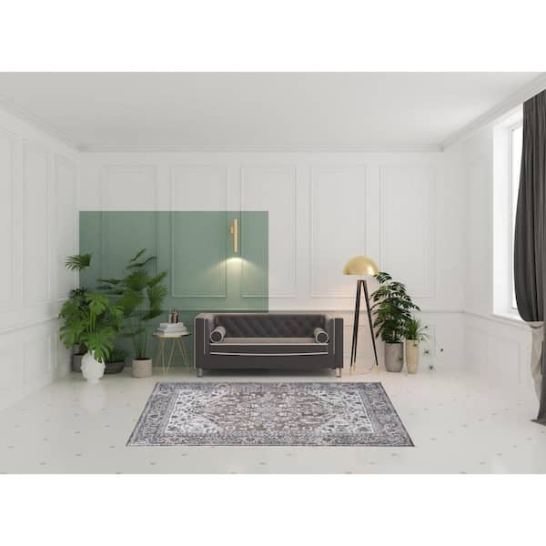 6' X 9' Gray Ivory and Blue Floral Distressed Washable Area Rug