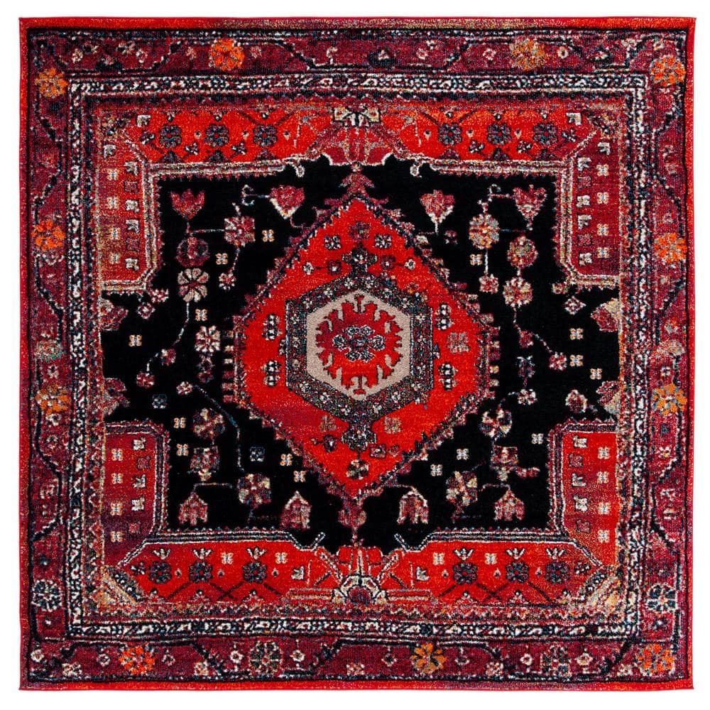 Vintage Black and Red Square Synthetic Area Rug