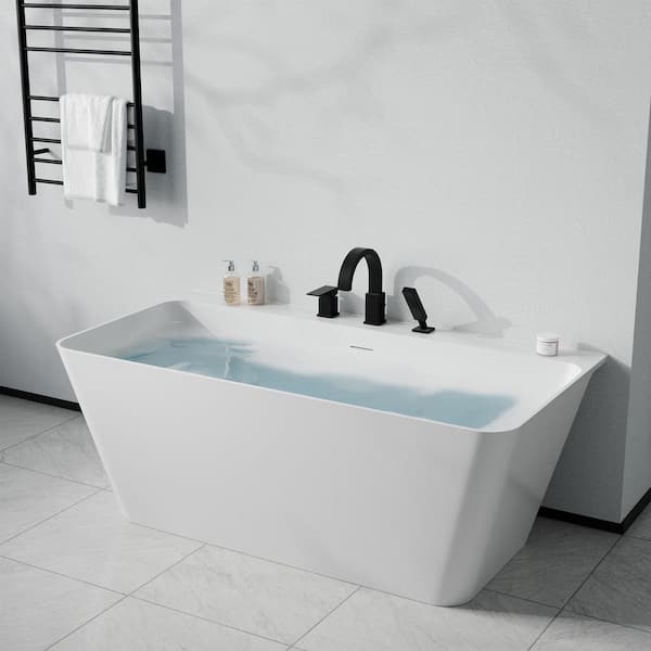 Vault Series 59 in. x 30 in. Flat Bottom Acrylic Freestanding Soaking Bathtub with Center Drain, Matte Black Faucet