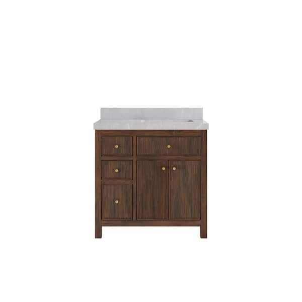 Willow Collections Sonoma Teak 36 in. Right Offset Sink Freestanding Dark Walnut Bath Vanity with Pearl Gray Qt. Top Unassembled