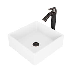 Matte Stone Dianthus Composite Square Vessel Bathroom Sink in White with Linus Faucet and Pop-Up Drain in Antique Bronze