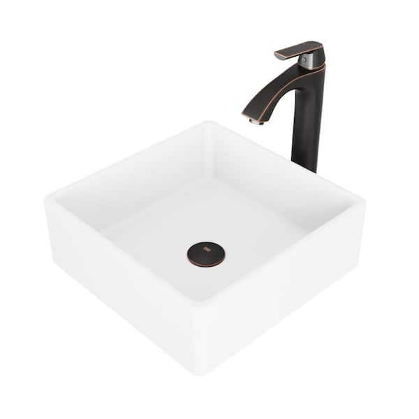 VIGO Matte Stone Dianthus Composite Square Vessel Bathroom Sink in White with Linus Faucet and Pop-Up Drain in Antique Bronze