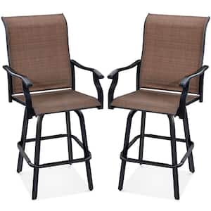Brown Metal Outdoor Swivel Patio Bar Stool Chairs with 360-Degree Rotation, All-Weather Mesh (2-Pack)
