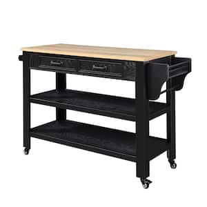 Kitchen Island Wood Outdoor Bar Rolling Cart with Storage, Solid OAK Wood Top, 2-Sided, Wheels and 2-Drawers in Black