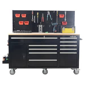 Heavy-Duty 62 in. 10-Drawer Black Tool Chest Mobile Workbench Cabinet with Pegboard Back Wall
