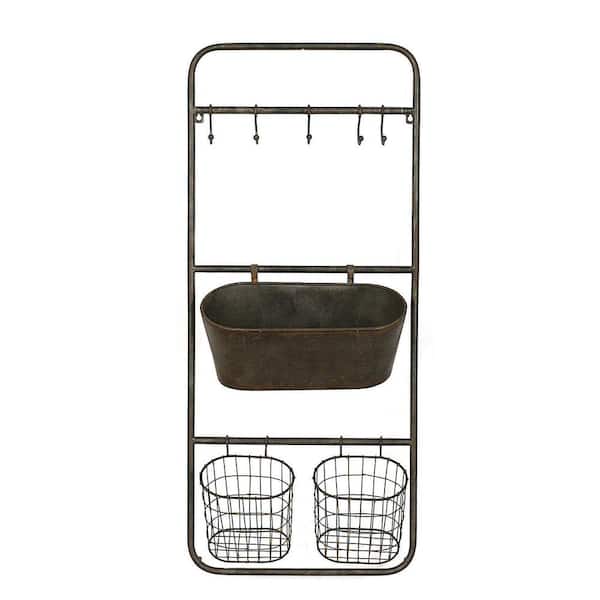 Storied Home Metal Wall Rack with 5-Hooks and 3-Baskets